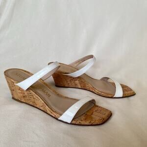Stuart‎ Weitzman Aleena Wedge Heel Sandals 7.5 Narrow White Patent Leather Cork